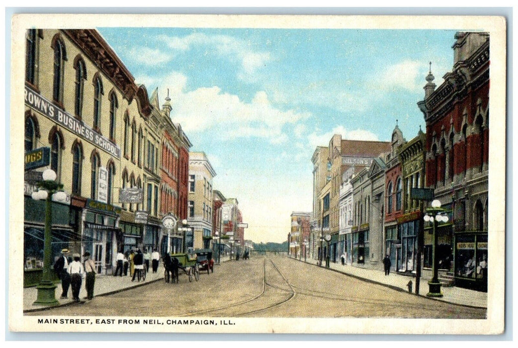 c1920 Main Street East From Neil Exterior Building Champaign Illinois Postcard