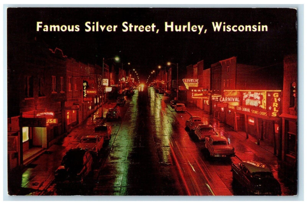 1972 Night Scene Famous Silver Street Road Hurley Wisconsin WI Vintage Postcard