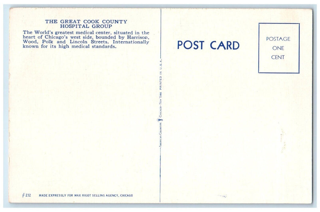 c1940 Great Cook County Hospital Group Map Exterior Chicago Illinois IL Postcard