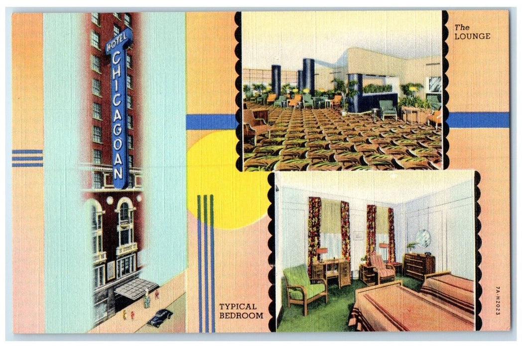 c1940 Hotel Chicagoan Madison Street Lounge Bedroom Chicago Illinois IL Postcard