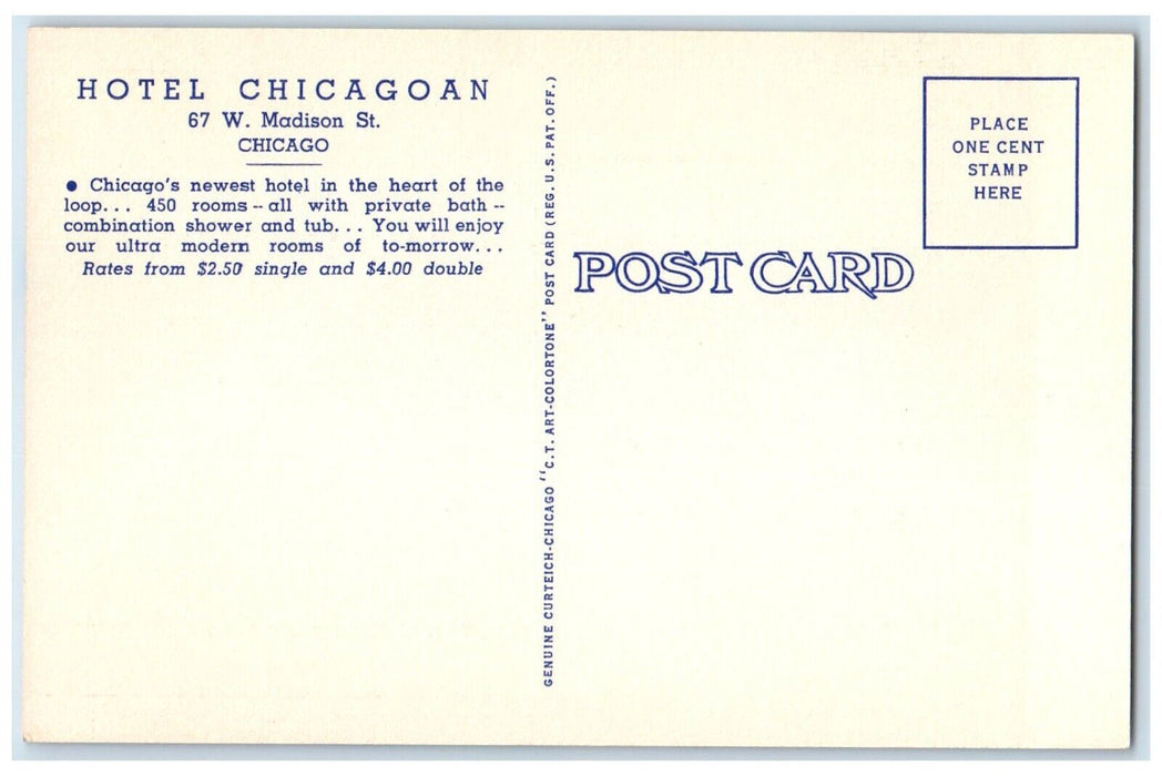 c1940 Hotel Chicagoan Madison Street Lounge Bedroom Chicago Illinois IL Postcard
