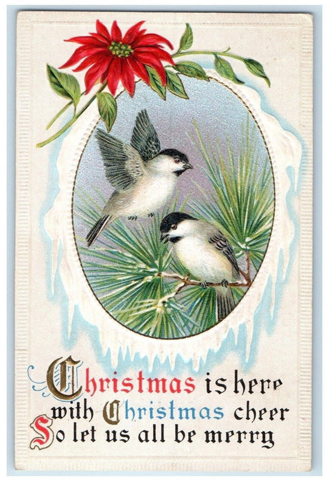 1915 Merry Christmas Birds Poinsettia Flowers Embossed Nash Antique Postcard