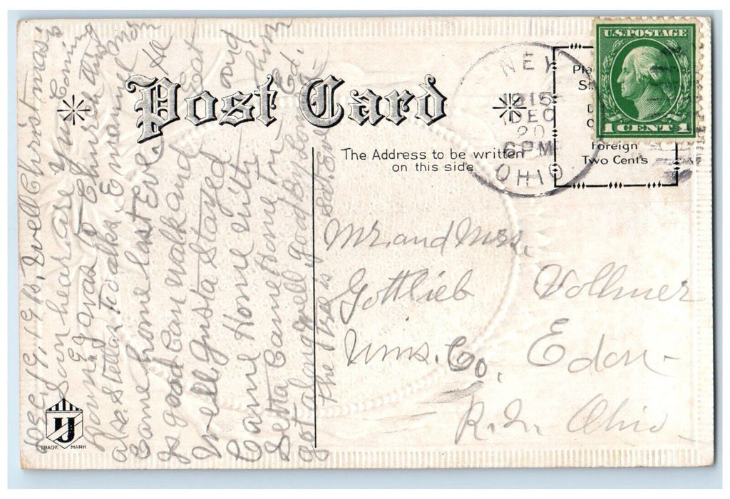 1915 Merry Christmas Birds Poinsettia Flowers Embossed Nash Antique Postcard