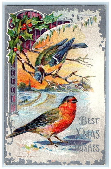 1910 Merry Christmas Song Birds Holly Berries Embossed Westfield NY Postcard