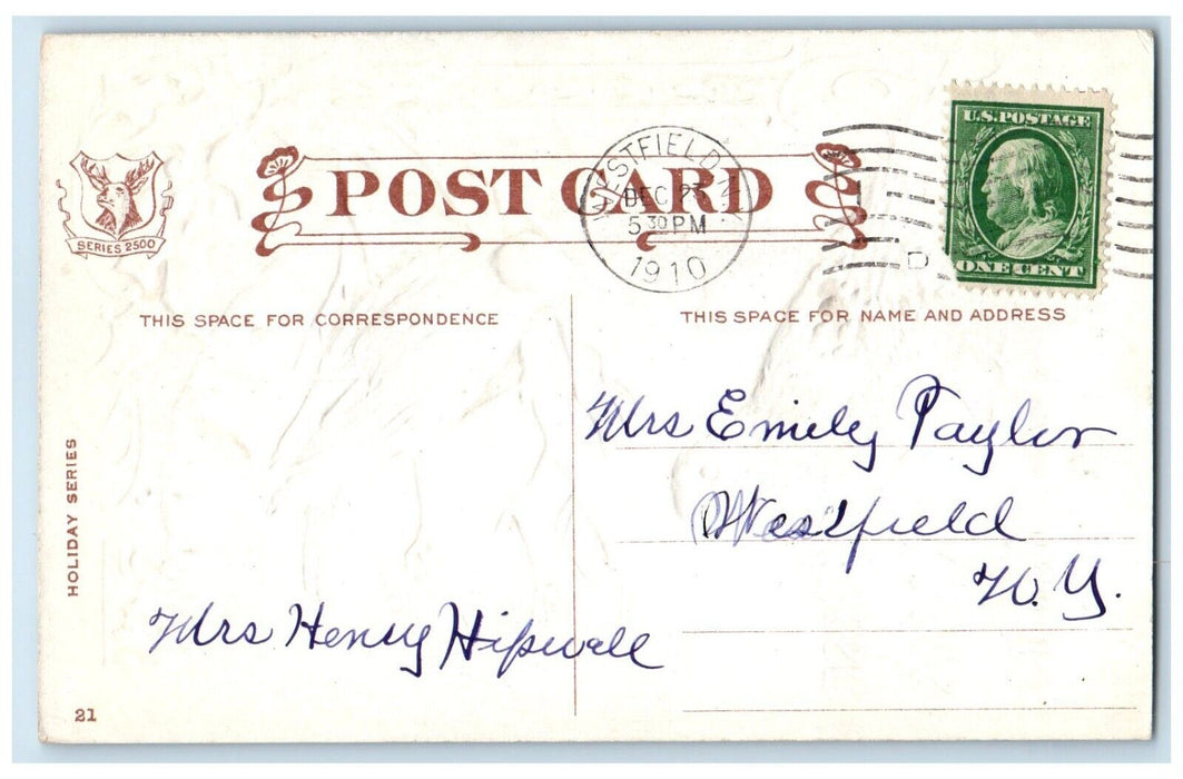 1910 Merry Christmas Song Birds Holly Berries Embossed Westfield NY Postcard