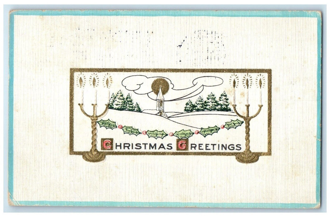 1914 Christmas Greetings Minimalist Candles Church Pine Tree Chicago IL Postcard