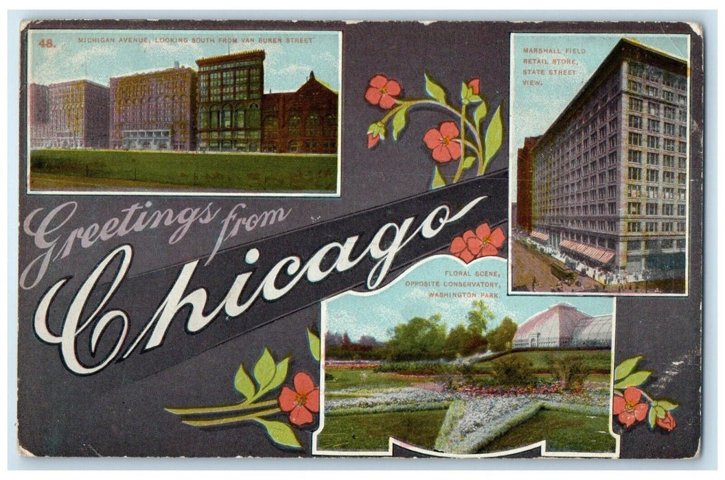 c1910 Greetings From Multiview Exterior Building Park Chicago Illinois Postcard