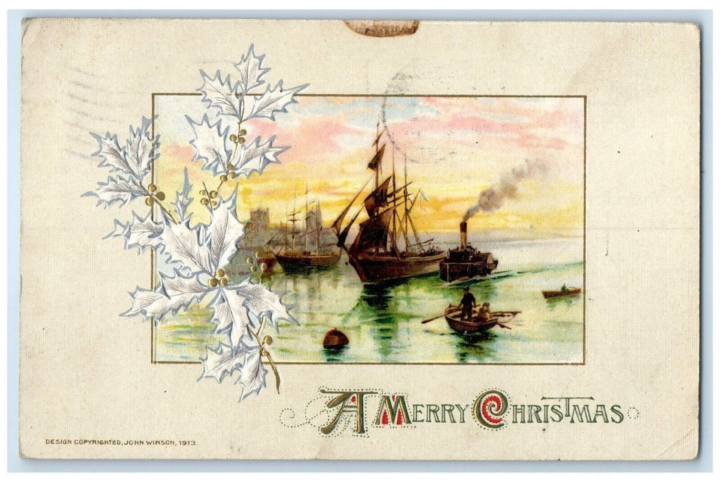1913 Christmas Berries Steamship Boat John Winsch Artist Signed Posted Postcard
