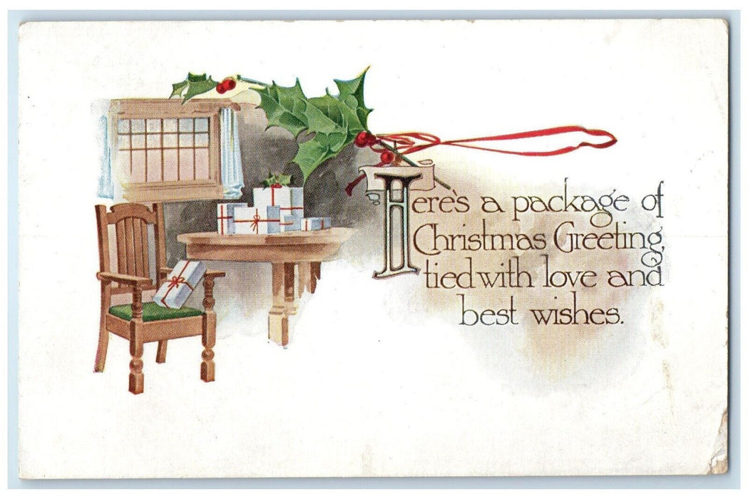 c1910's Christmas Greetings Berries And Gifts On The Table Antique Postcard