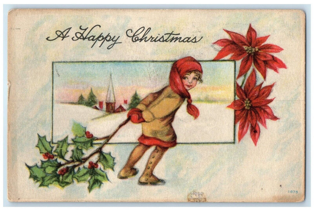 1915 Christmas Child Pulling Holly Berries Poinsettia Flowers Antique Postcard