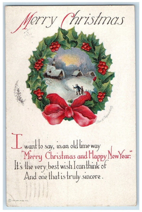 1910 Christmas Whreath Berries House Chruch Winter Ellen Clapsaddle Postcard