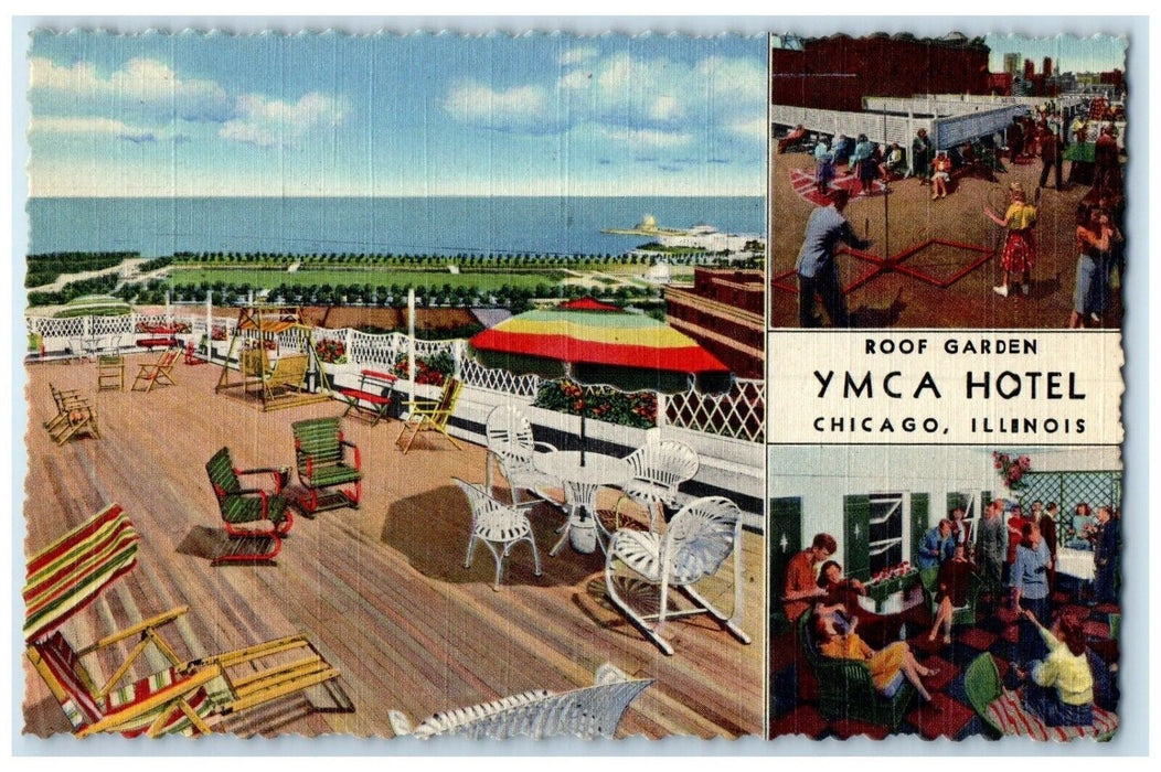 1948 YMCA Hotel Wabash Avenue Multiview Roof Garden Chicago Illinois IL Postcard
