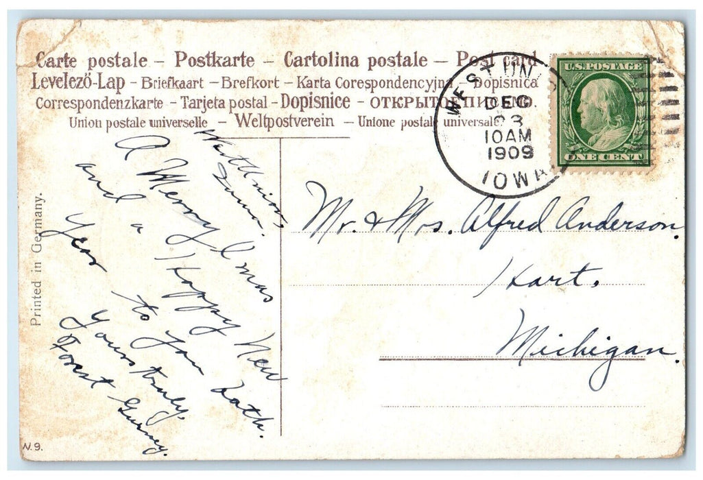 1909 Merry Christmas Holly Berries Boy West Union Iowa IA Antique Postcard