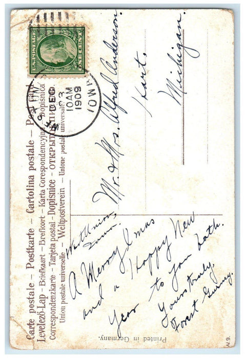 1909 Merry Christmas Holly Berries Boy West Union Iowa IA Antique Postcard