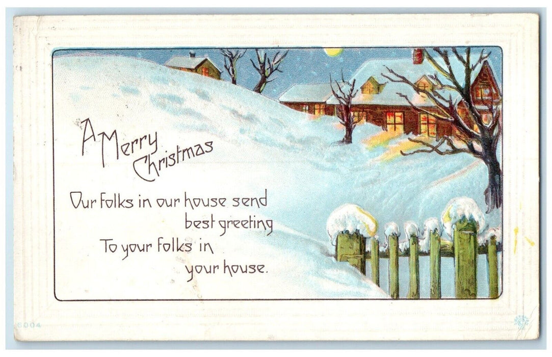 1919 Merry Christmas House Winter Custer Michigan MI Embossed Antique Postcard