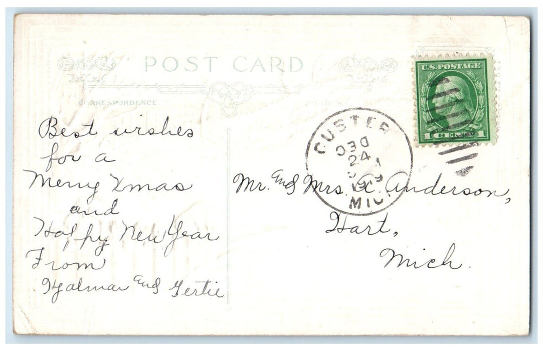 1919 Merry Christmas House Winter Custer Michigan MI Embossed Antique Postcard
