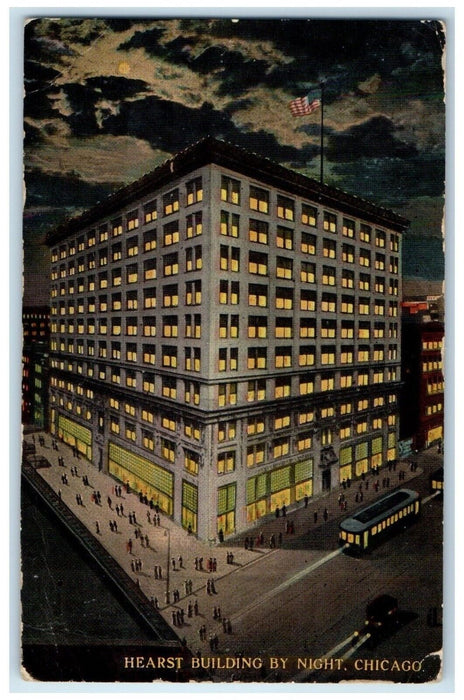 1912 Hearst Building Exterior Streetcar Madison Night Chicago Illinois Postcard