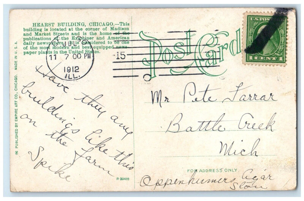 1912 Hearst Building Exterior Streetcar Madison Night Chicago Illinois Postcard