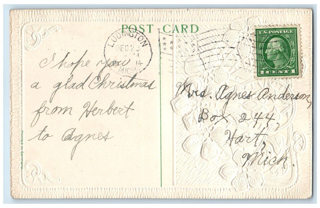 1914 Christmas House And Trees River Embossed Ludington MI Antique Postcard