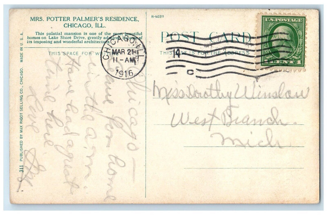 1916 Mrs Potter Palmers Residence Exterior Building Chicago Illinois IL Postcard