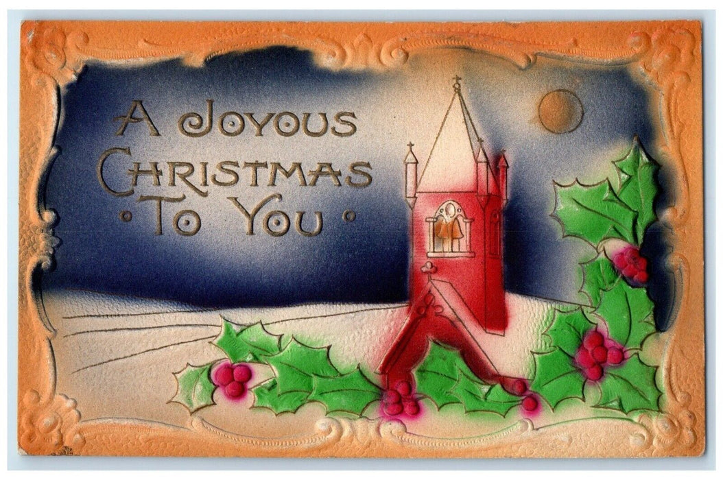 1912 Christmas House Church Holly Berries Airbrushed Scottville MI Postcard