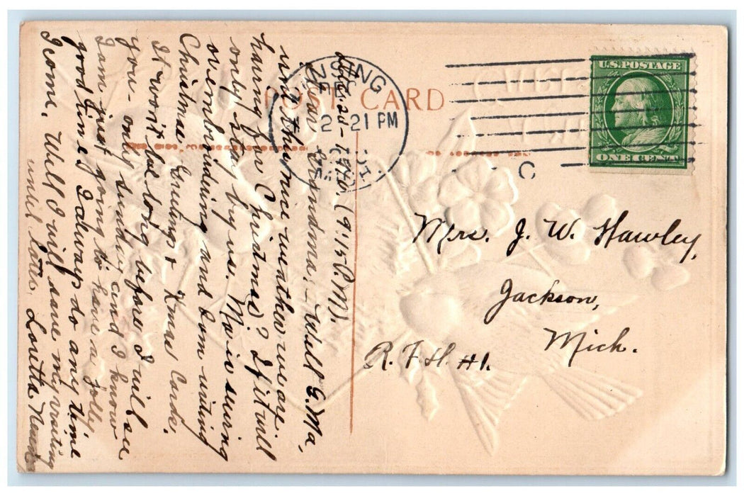 1910 Christmas Song Birds Flowers Holly Berries Airbrushed Lansing MI Postcard