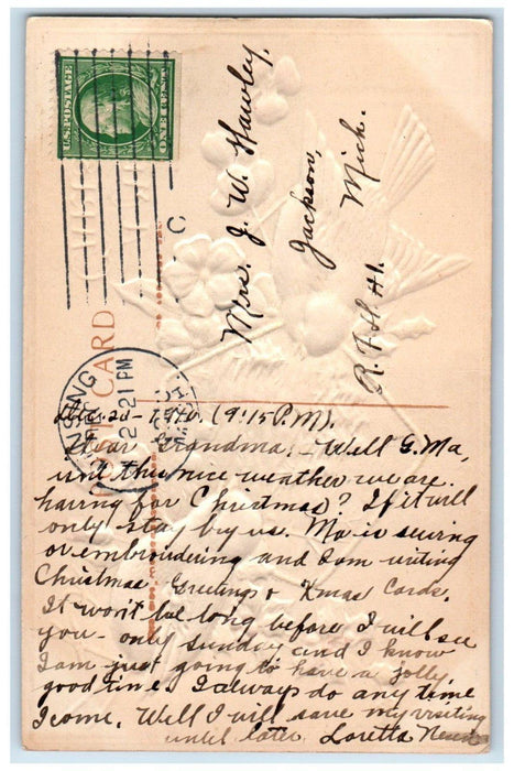 1910 Christmas Song Birds Flowers Holly Berries Airbrushed Lansing MI Postcard