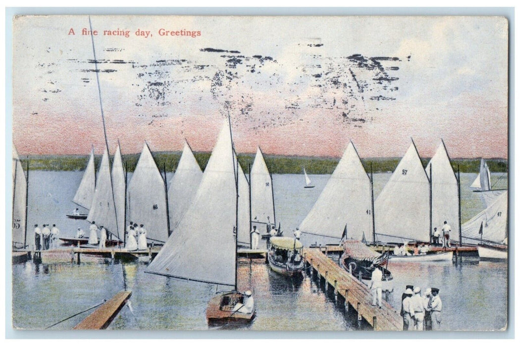 1910 Fine Racing Day Greetings Sailboat Dock Port Lake Chicago Illinois Postcard