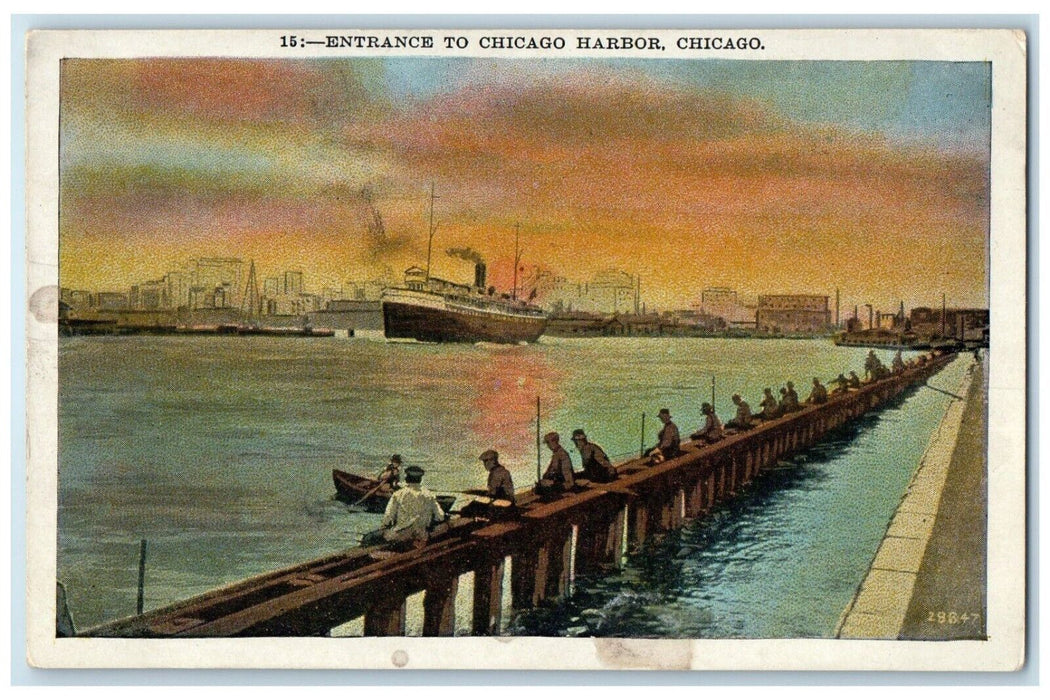 c1920 Entrance Chicago Harbor Steamer Canoe Ship Dock Chicago Illinois Postcard