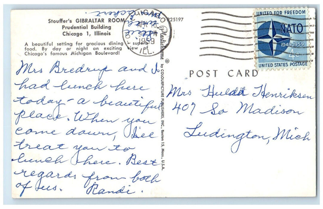1959 Stouffer's Gibraltar Room Prudential Building Chicago Illinois IL Postcard