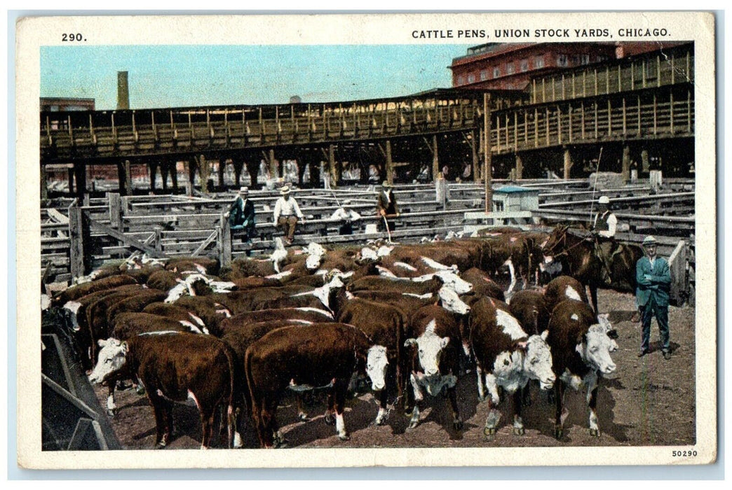 1927 Cattle Pens Union Stock Yards West Halsted Cows Chicago Illinois Postcard