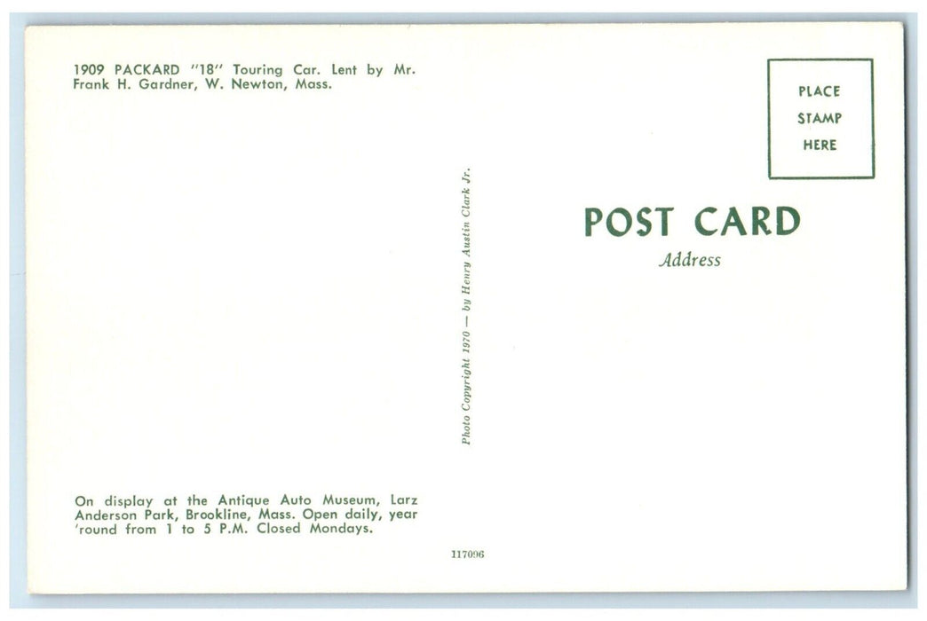 c1960 1909 Packard 18 Touring Car Newton Massachusetts Vintage Antique Postcard