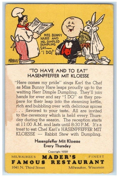 1910 Hasenpfeffer Mit Kloesse Mader Famous Restaurant Milwaukee Vintage Postcard