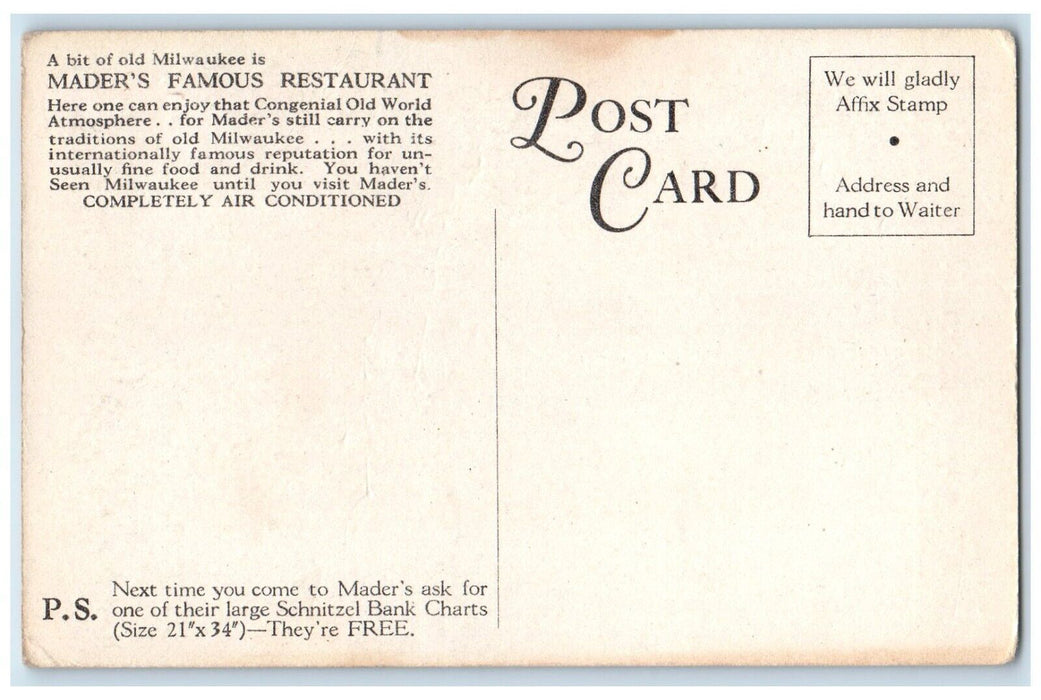 1910 Hasenpfeffer Mit Kloesse Mader Famous Restaurant Milwaukee Vintage Postcard