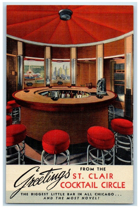 c1940 Greetings From St Clair Cocktail Circle Chicago Illinois Vintage Postcard