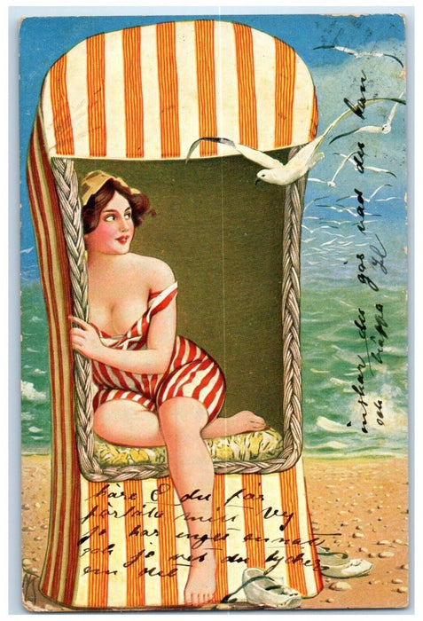 1908 Bathing Beauty Sat On France Beach Chair Birds Scene Antique Postcard