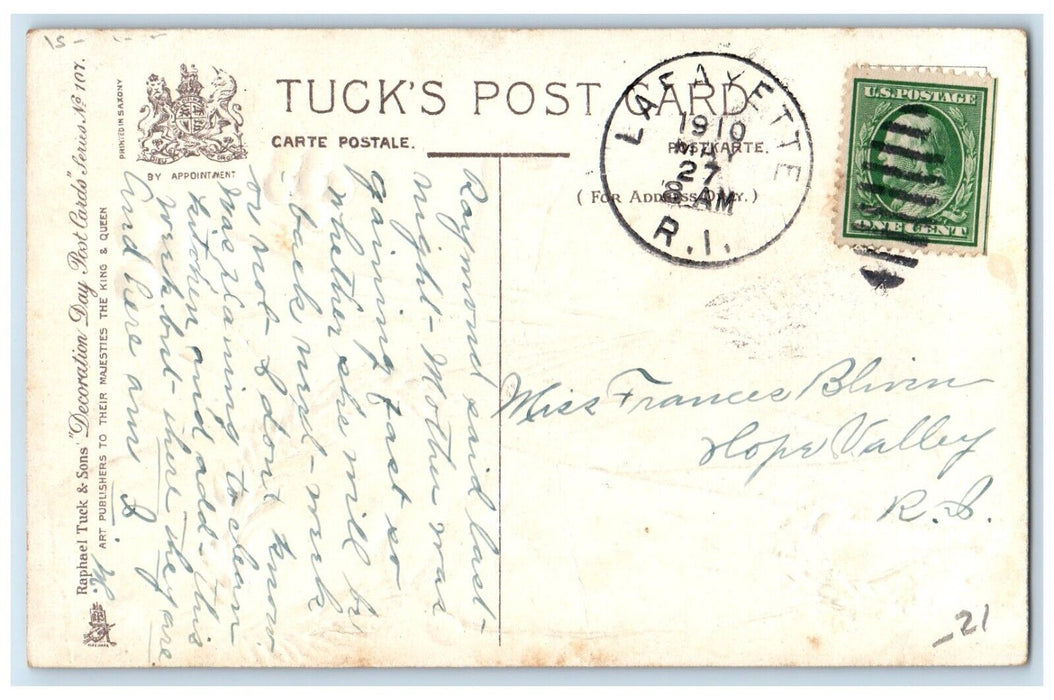 1910 Gar Memorial Day Civil War Patriotic Cannon Lafayette RI Tuck's Postcard