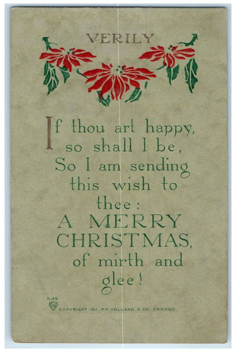 1915 Merry Christmas Poinsettia Flowers Volland Embossed Yonkers NY Postcard