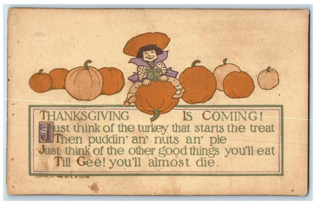 c1910's Thanksgiving Girl Pumpkin Arts Crafts Adams Massachusetts MA Postcard