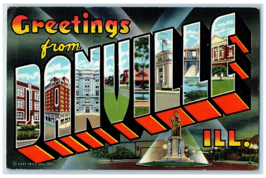 1949 Greetings From Monument Danville Illinois IL Big Letters Multiview Postcard