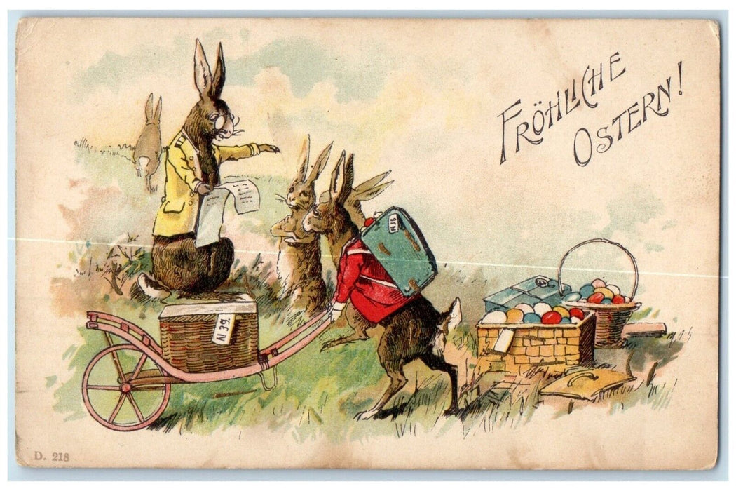c1905 Easter Anthropomorphic Rabbit Pushing Cart Eggs On Basket Antique Postcard