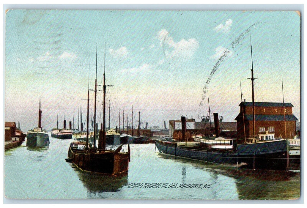 1909 Steamer Ship Looking Towards Lake Manitowoc Wisconsin WI Vintage Postcard