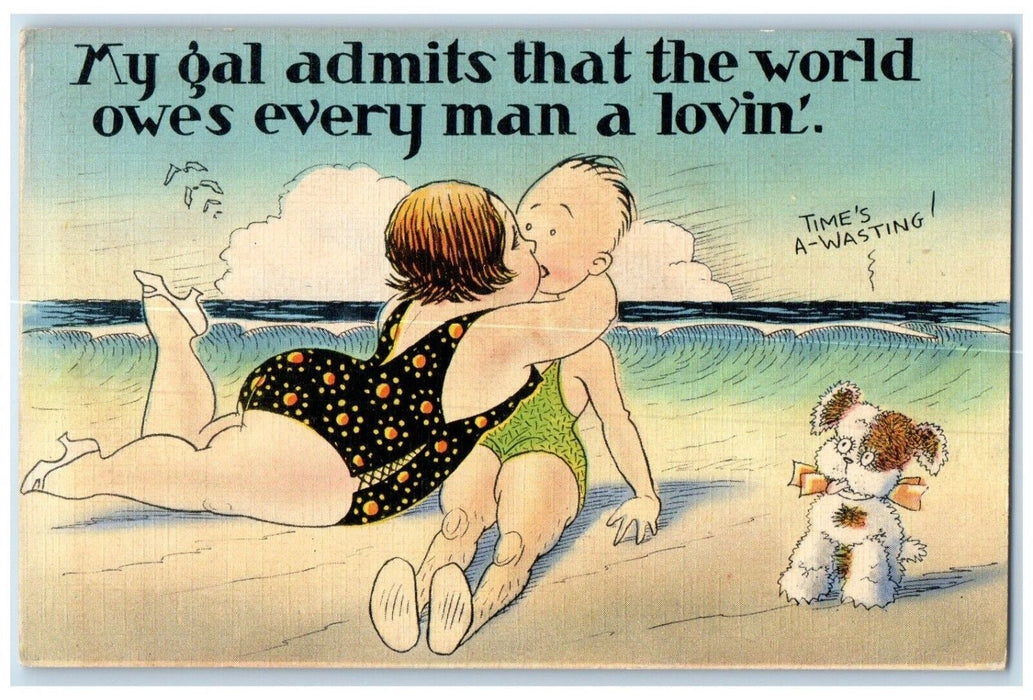 1942 Sweet Couple Kissing On The Beach Dog Time's A Wasting Vintage Postcard