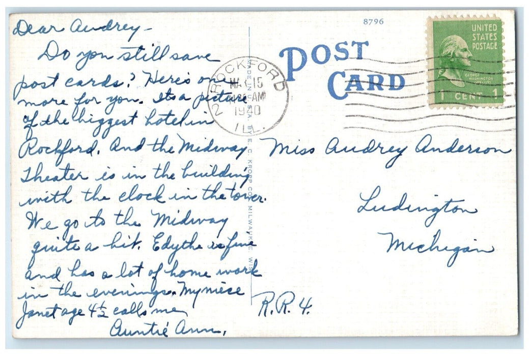 1940 Faust Hotel East State Street Exterior Building Rockford Illinois Postcard