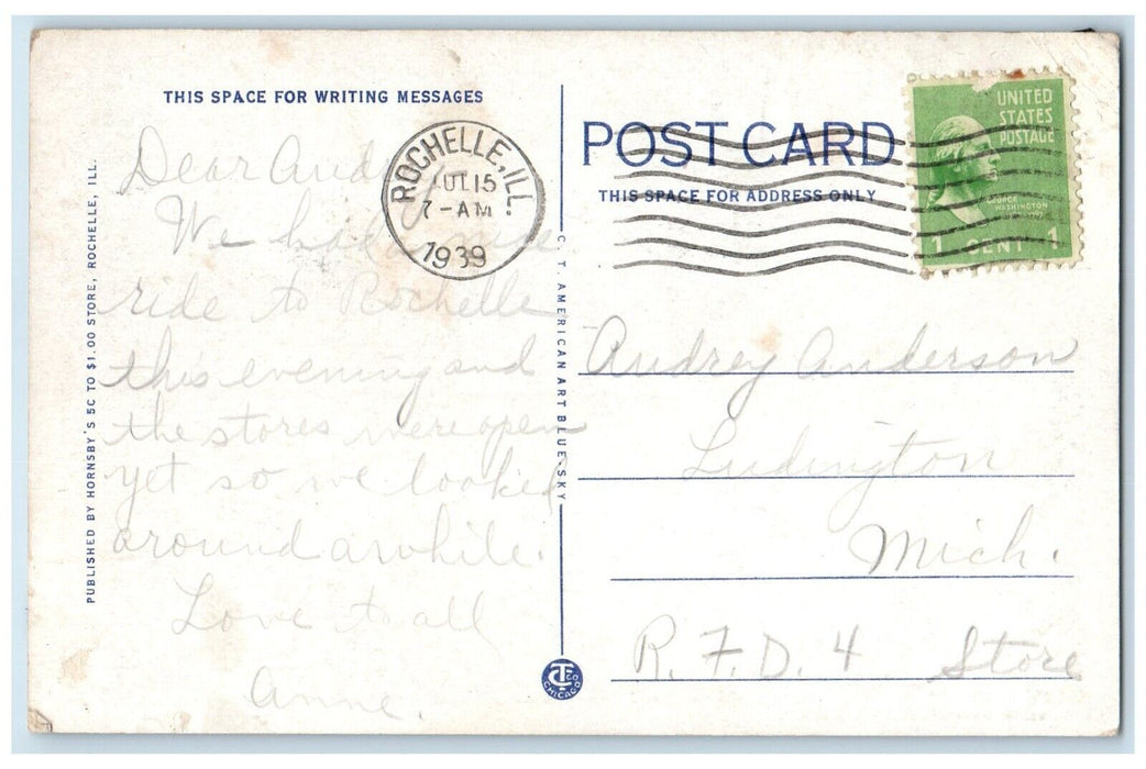1939 Main Street Exterior Building Classic Cars Road Rochelle Illinois Postcard
