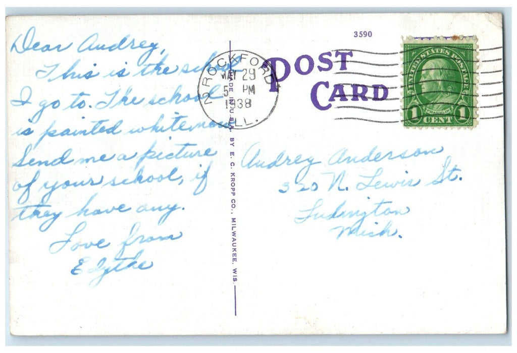 1938 Abraham Lincoln Junior High School Exterior Rockford Illinois IL Postcard
