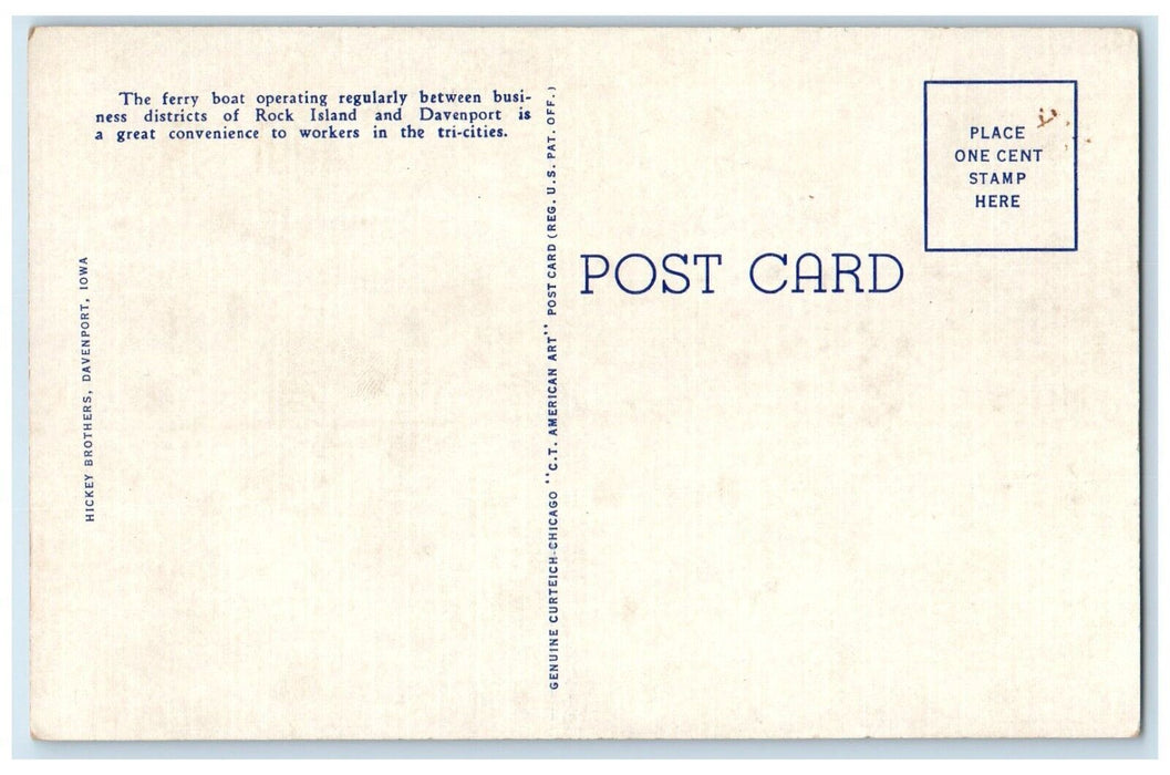 c1940 Skyline Davenport Ferry Boat Rock Island Davenport Iowa Illinois Postcard