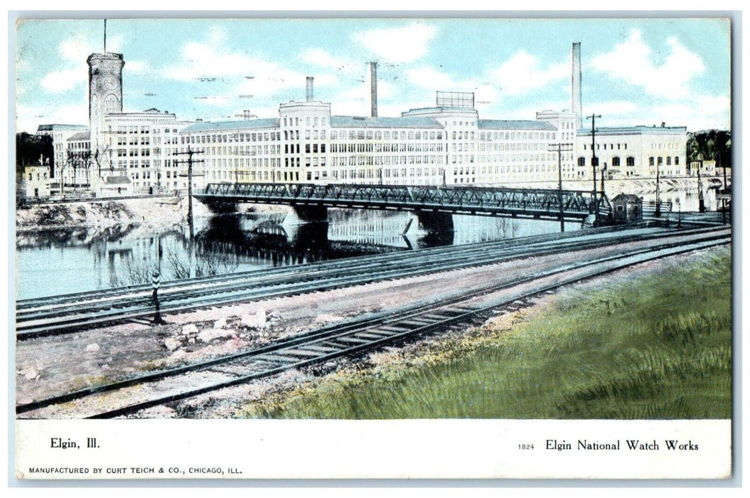 1913 Elgin National Watch Works Exterior Building Bridge Elgin Illinois Postcard