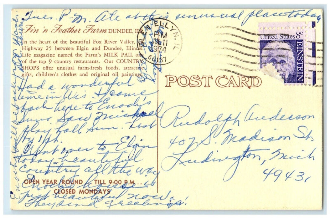 1974 Milk Pail Country Shops Fin Feather Farm Fox River Valley Illinois Postcard
