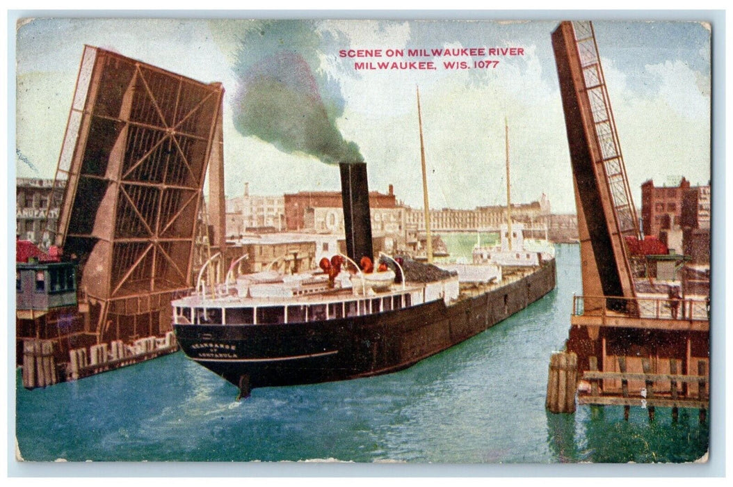 1910 Scene Milwaukee River Steamer Bridge Milwaukee Wisconsin Vintage Postcard